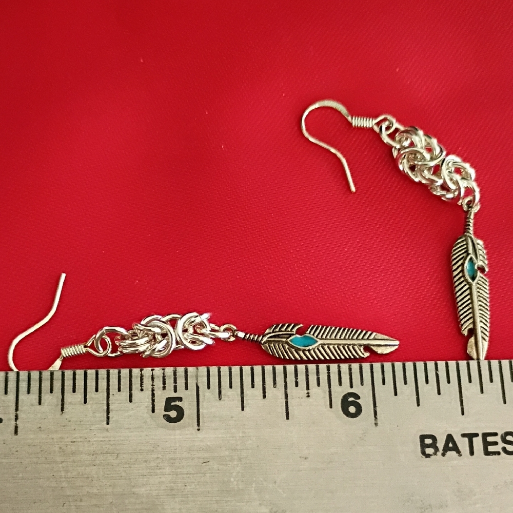 Silver Feather Earrings with Turquoise Accents - Picture 2 of 2